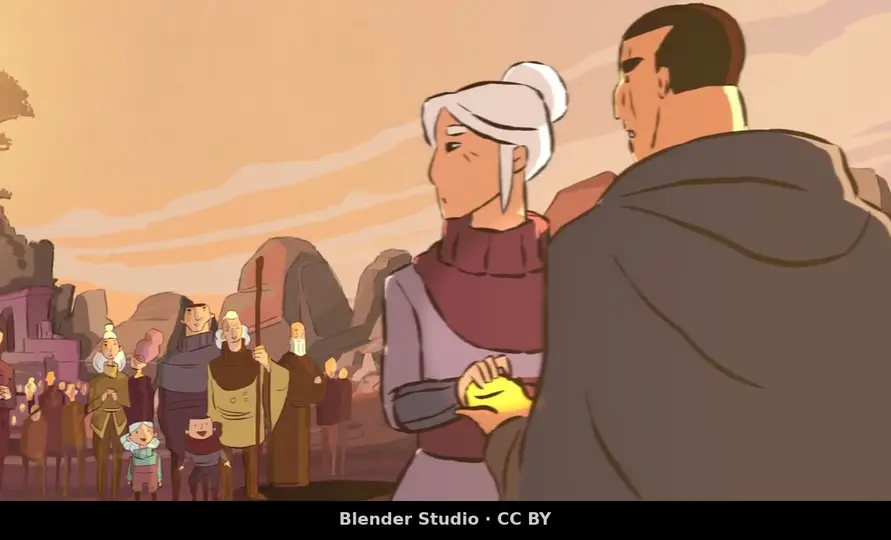 The whole village watches two figures walk toward the giant tree. What do you think waits there?
#hero #animation #fantasy #movie #film #blenderstudio